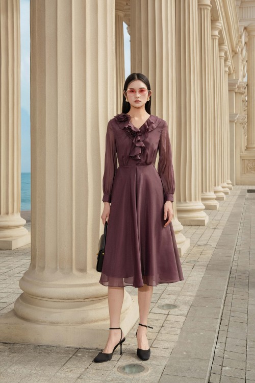 Sixdo Purplish-brown 3D Flower Organza Flared Dress